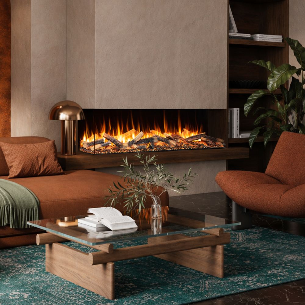 Built-in 3-sided smart electric fireplace with glowing flame bed and glass viewing