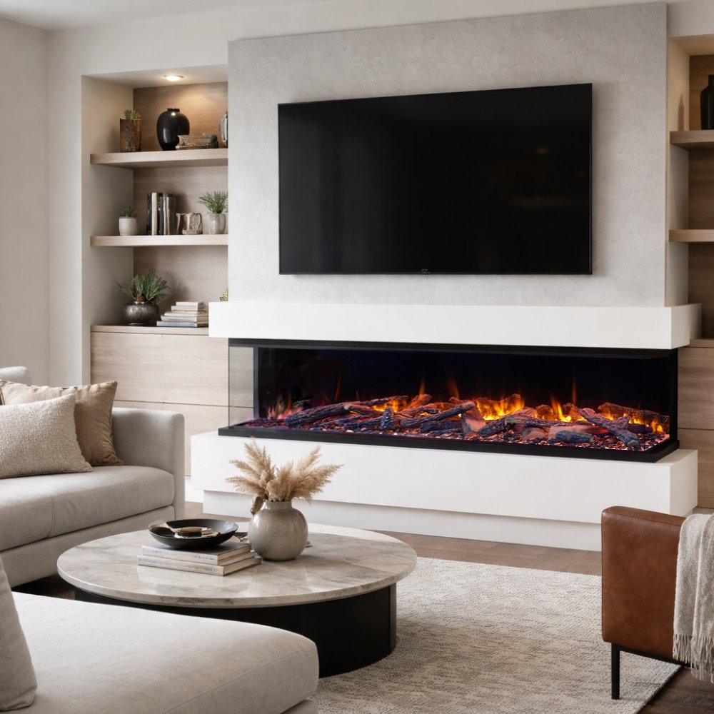Built-in electric fireplace with black surround, orange flames, and log ember bed