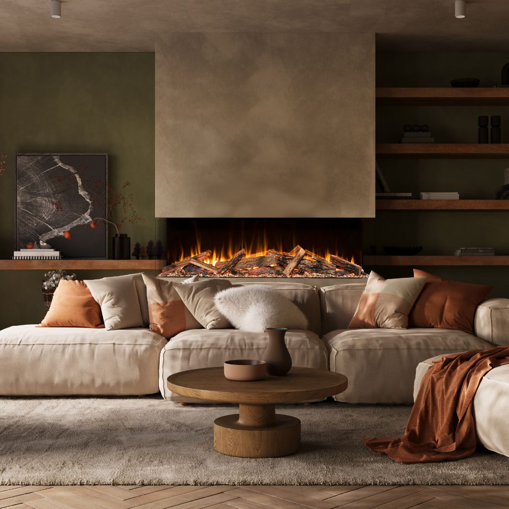 Built-in electric fireplace with black trim, glowing orange flames over log set