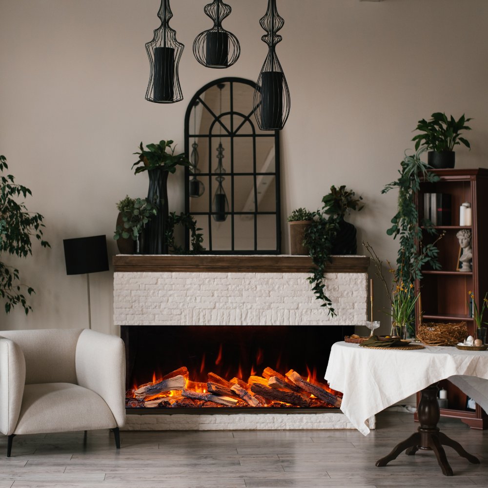 Freestanding room fireplace with electric flame effect and log ember bed in black firebox