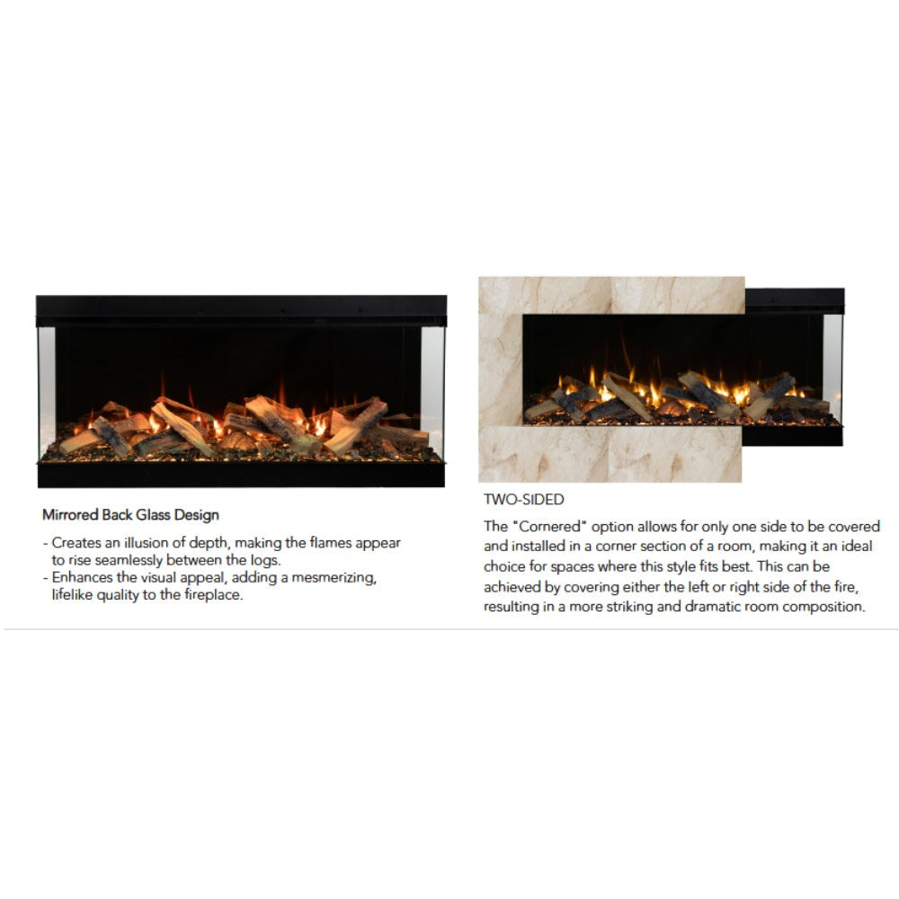 Two fireplace install options shown: left three-sided and right corner-style framing