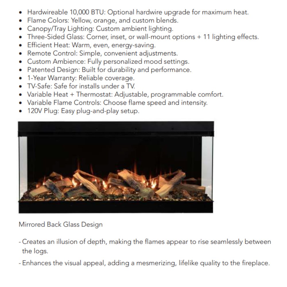 Front view of built-in electric fireplace showing ember bed, stacked logs, and flames