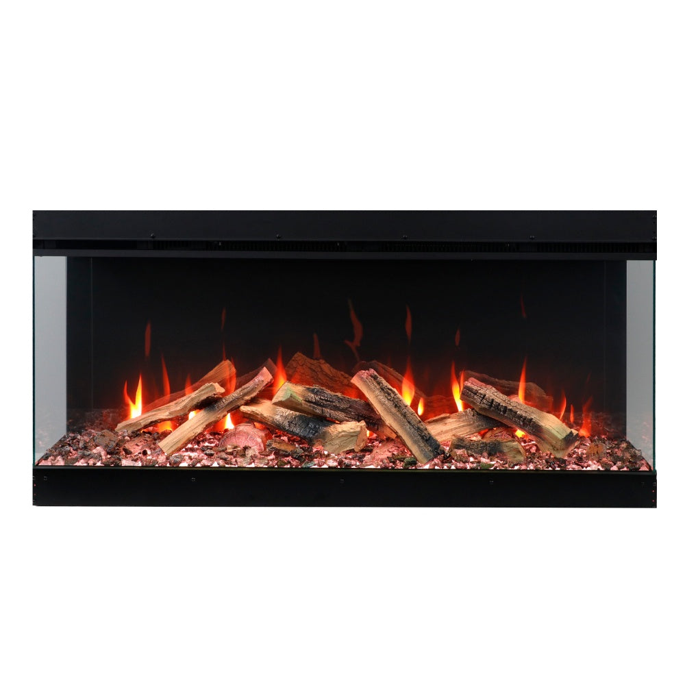 Built-in electric fireplace with open front, orange flames over stacked wood logs