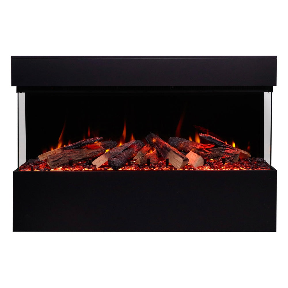 Black electric fireplace firebox with burning log bed and ember glow