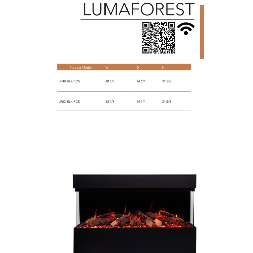 Black electric fireplace unit with upper mantel and visible flame firebox