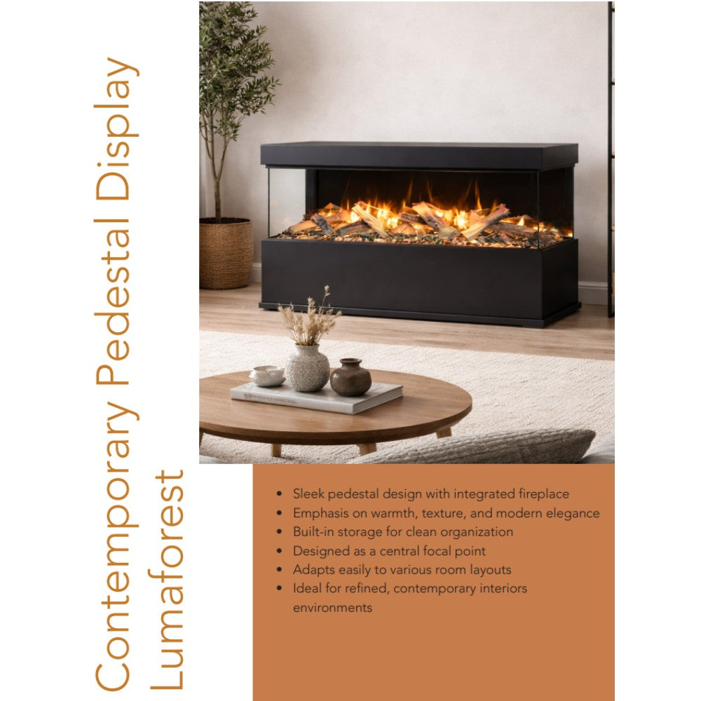 Black pedestal electric fireplace with flame log bed and front viewing window
