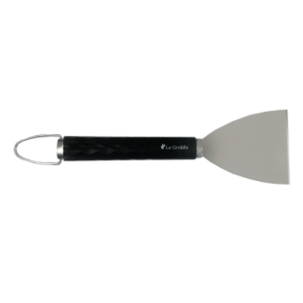Le Griddle angled scraper with black handle and stainless steel triangular blade