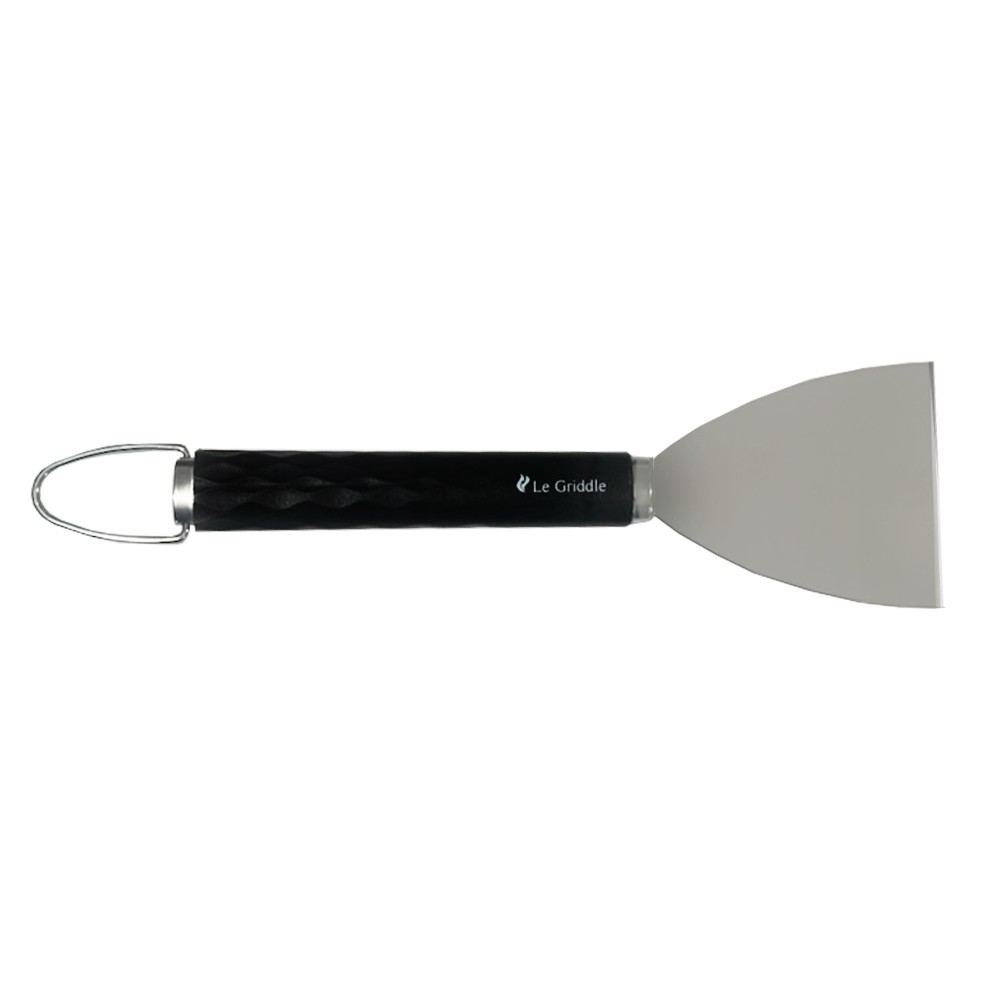 Le Griddle angled griddle scraper with black handle and stainless steel beveled blade