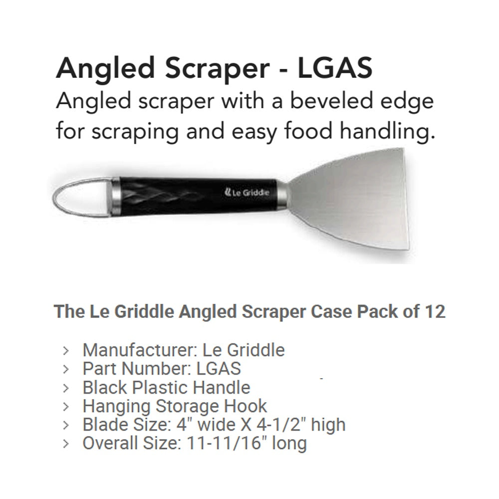 Le Griddle angled griddle scraper with black handle, hanging loop, and stainless blade