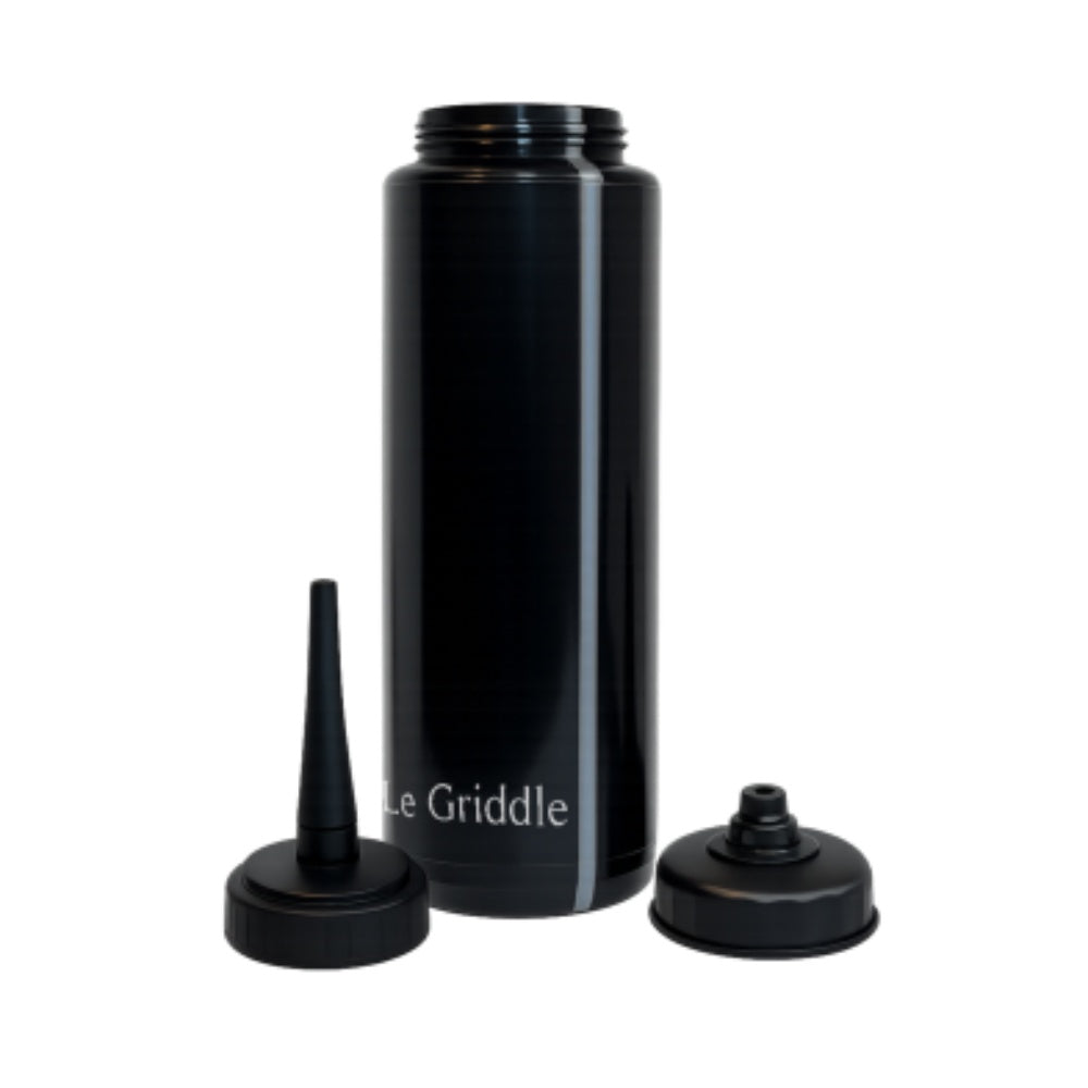 Le Griddle black squeeze bottle with two interchangeable caps and narrow dispensing tip