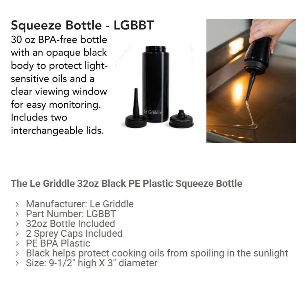 Le Griddle black squeeze bottle with cap, pouring stream shown, 30 oz