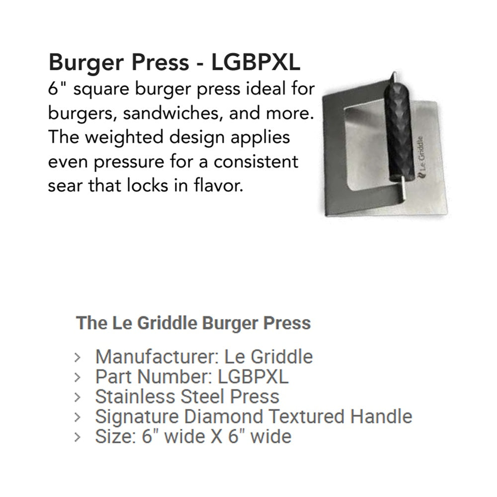 Le Griddle 6-inch square burger press with stainless frame and textured handle