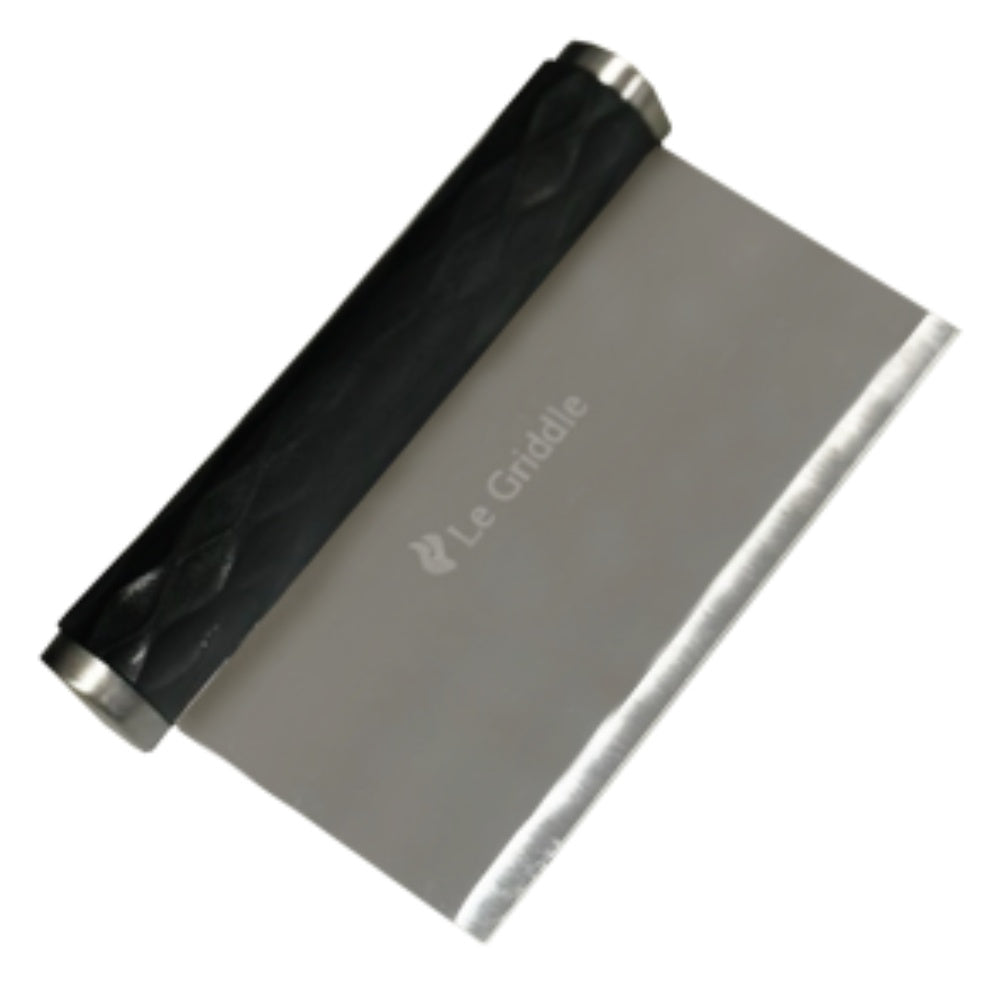 Stainless steel bench scraper with black handle and angled blade
