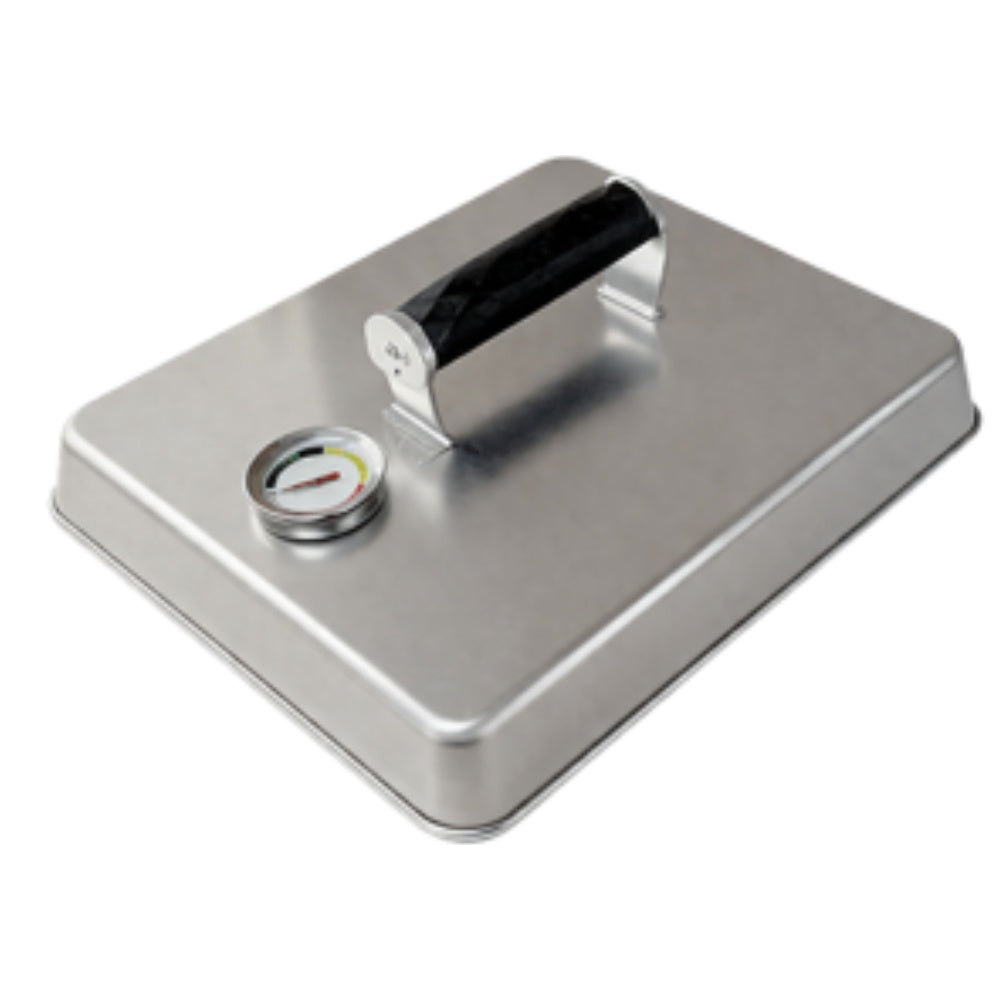 Stainless steel cooking dome base with black handle and temperature gauge