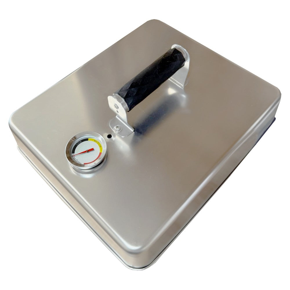 Stainless steel cooking dome base with black handle and built-in temperature gauge
