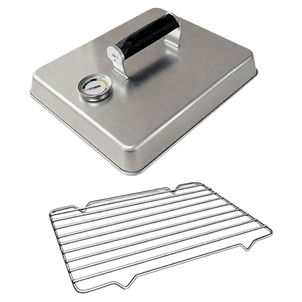 Stainless steel cooking dome with thermometer gauge and wire warming rack