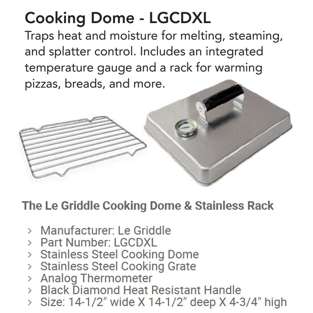 Cooking dome with black handle, temperature gauge, and stainless rack