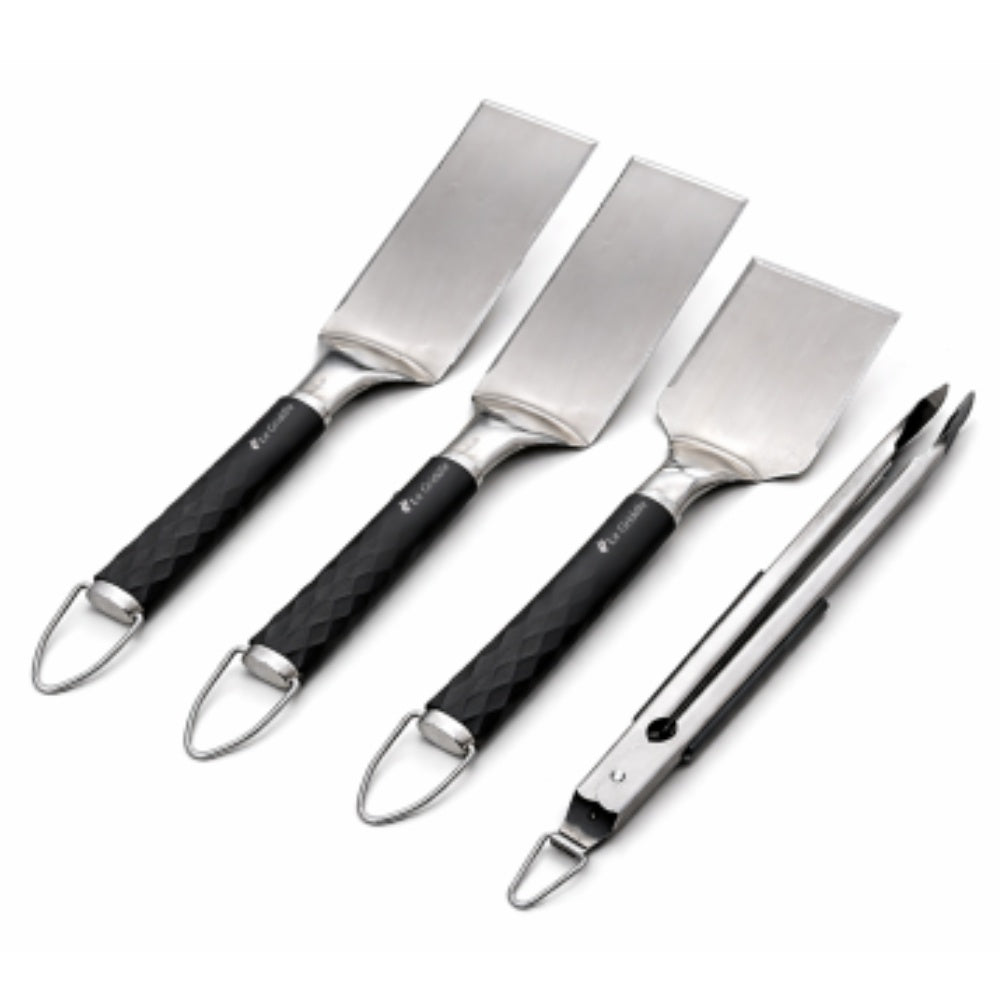 Griddle cooking utensil set with stainless spatulas and tongs, black handles