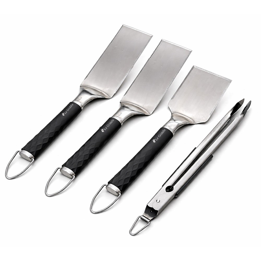 Griddle cooking utensil set: spatulas and tongs with black handles