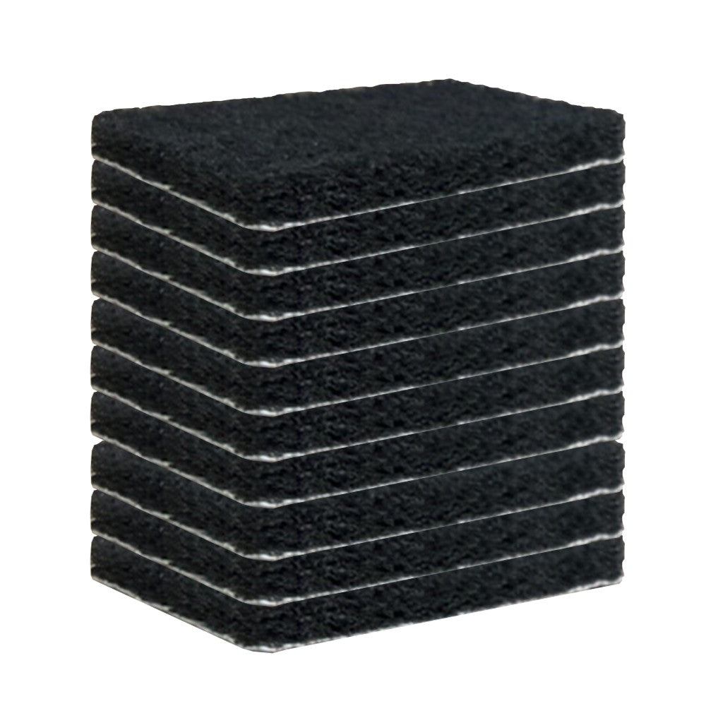Black replacement scour pads, stacked; heavy-duty scrubbing sponges, 10-pack.