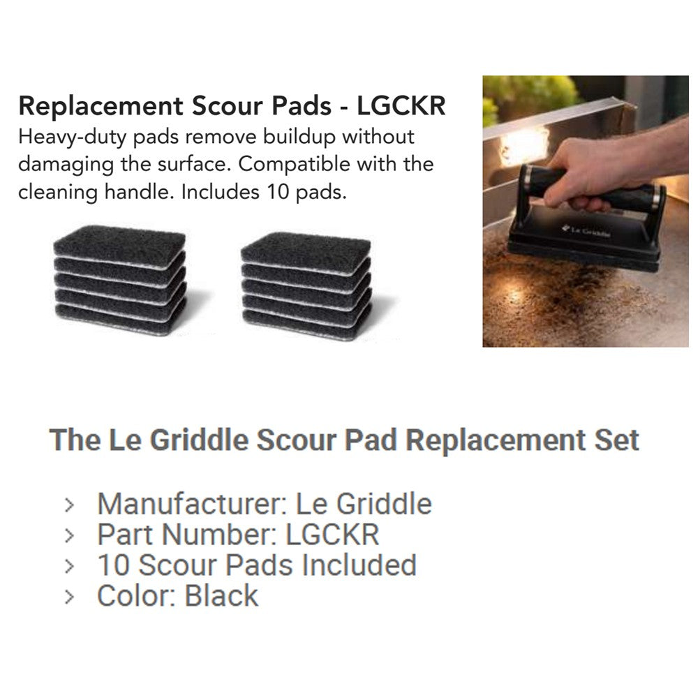 Replacement scour pad set, multiple black pads stacked for heavy-duty cleaning.