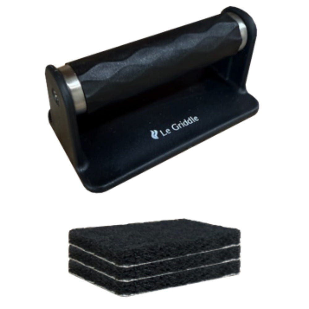 Le Griddle cleaning handle with base and three stacked scouring pads