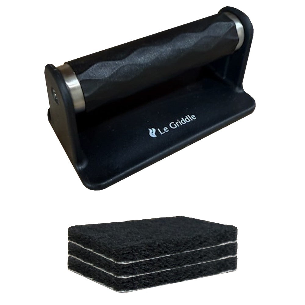 Griddle cleaning kit handle stand with dark scouring pad stack