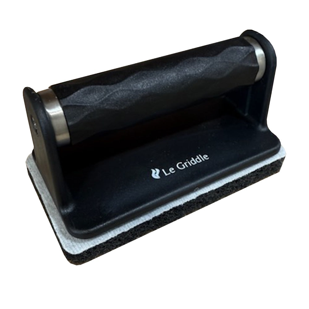 Griddle cleaning kit handle stand with dark scouring pad attached