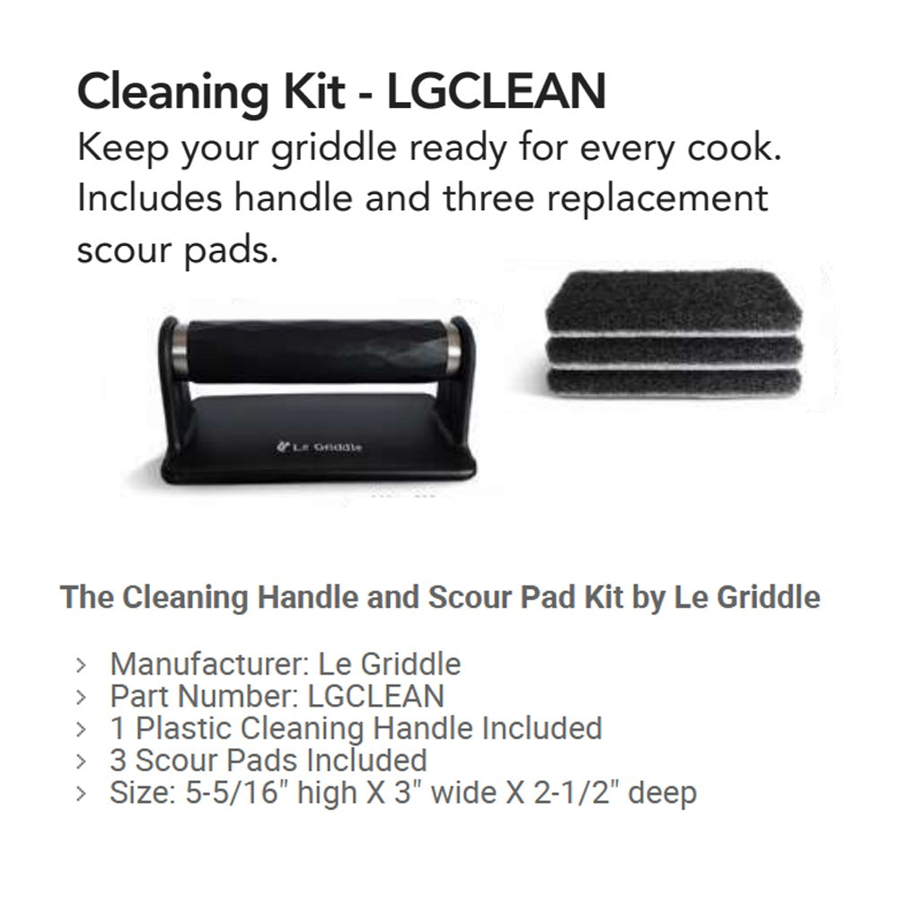 Griddle cleaning kit with handle stand and three dark replacement scouring pads