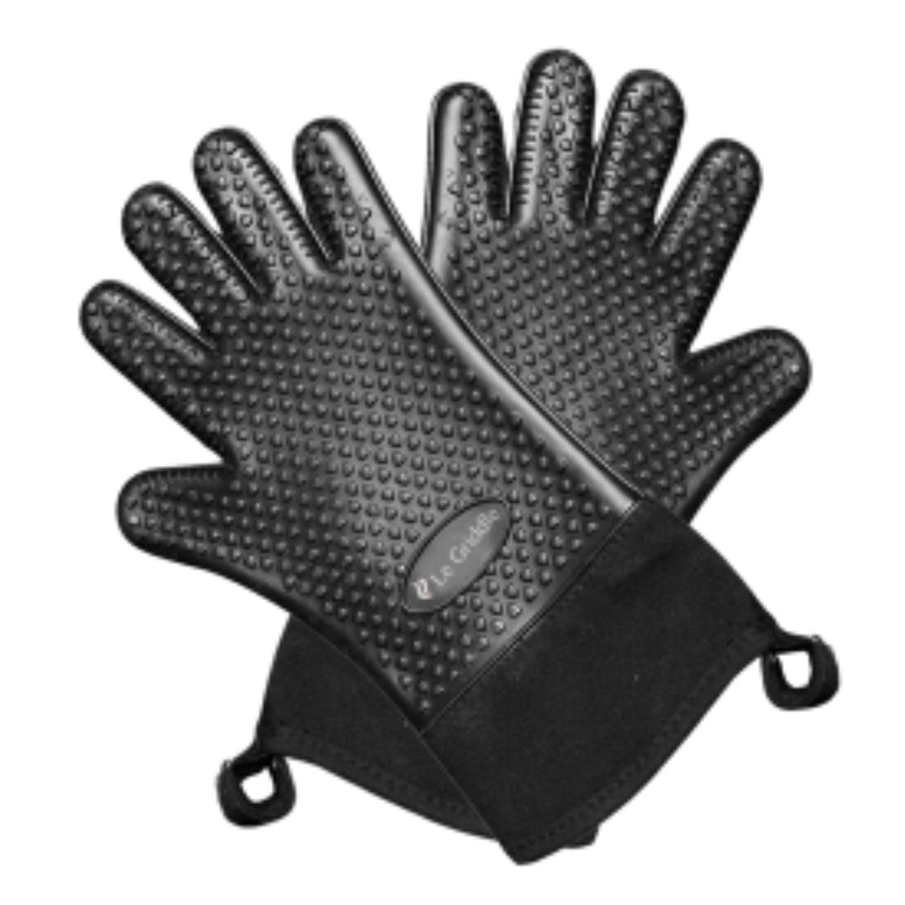 Black silicone heat glove with textured grip and loop strap, single glove