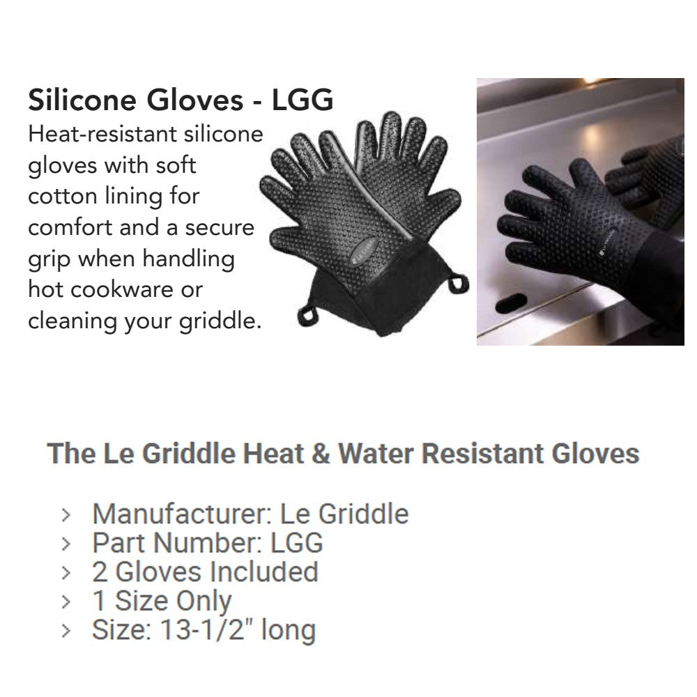 Heat-resistant silicone gloves, black textured grip dots, wrist loop tabs, shown in use.