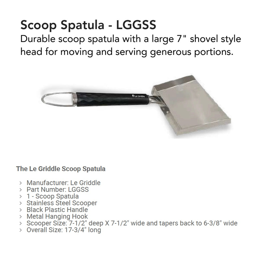 Le Griddle scoop spatula with long black handle and angled square metal serving head