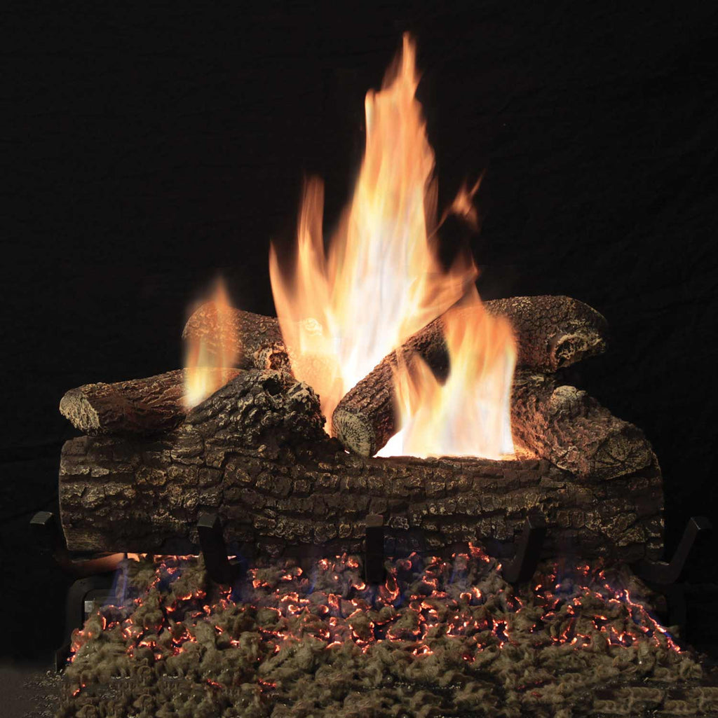 Refractory fireplace log set with glowing flames and dark log pieces