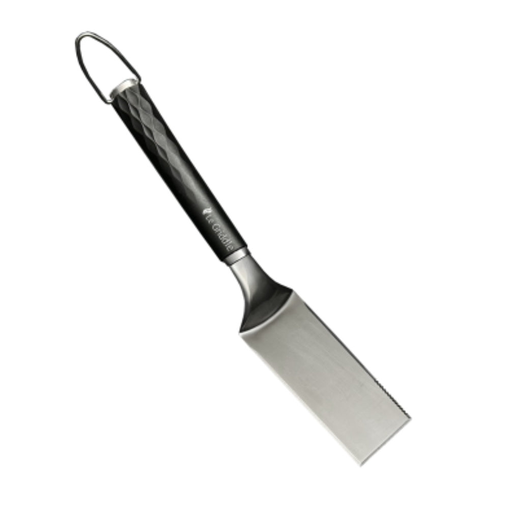 Long cooking spatula with stainless steel blade and black plastic handle, 7-inch
