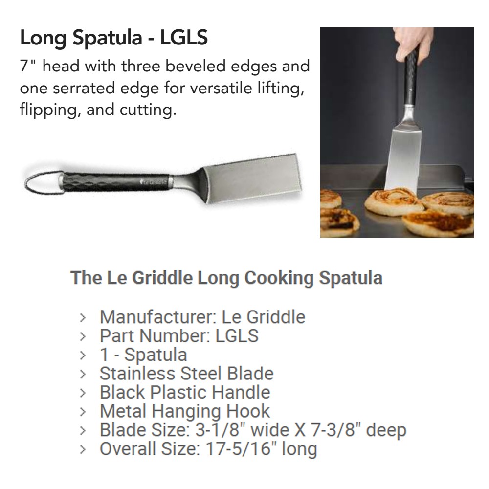 Long cooking spatula with stainless steel blade, black handle, and hanging hook