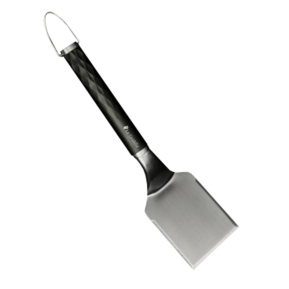 4-inch square spatula with stainless steel blade, dark handle, and loop hanging hook