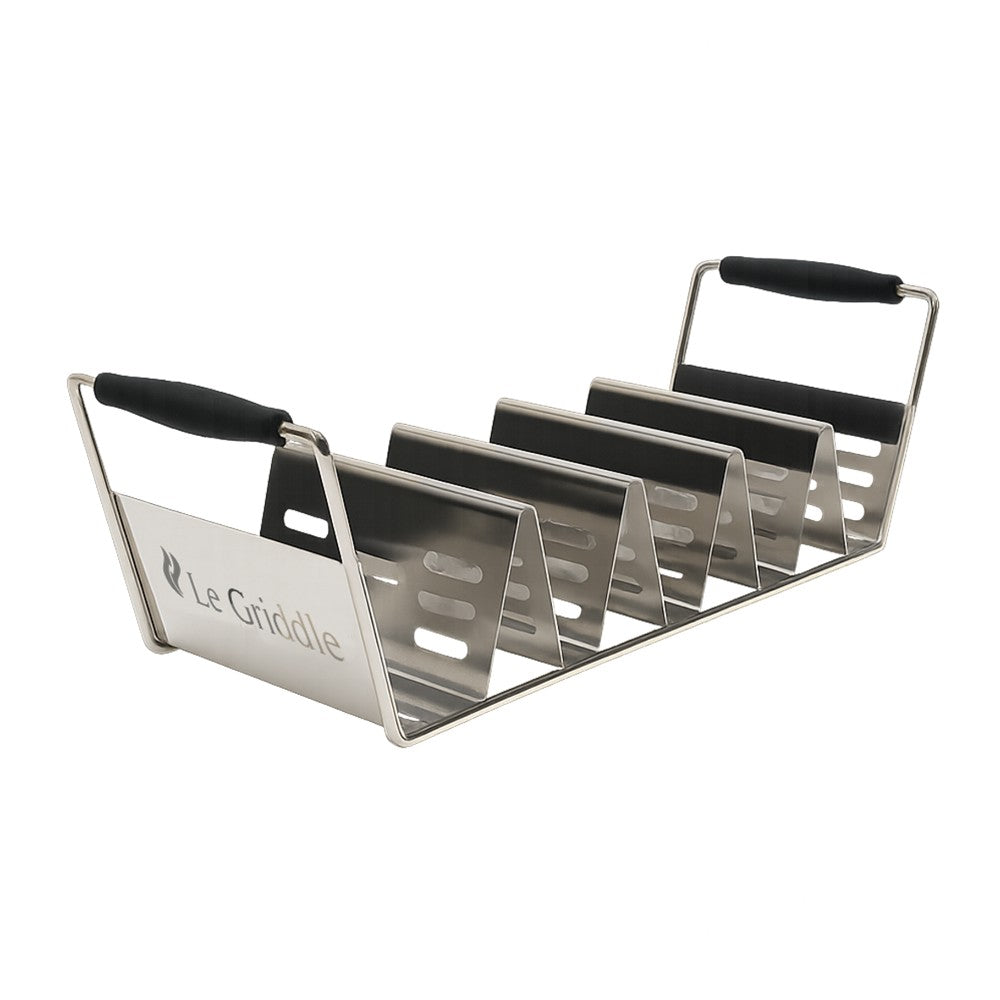 Set of 2 stainless steel taco warming racks with black heat-resistant handles