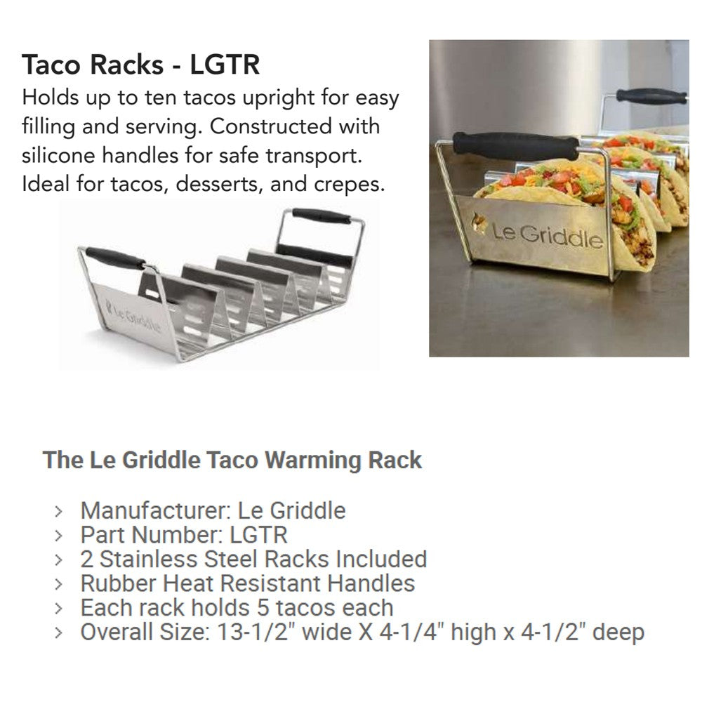 Stainless taco warming rack set with black handles, holding tacos and fillings