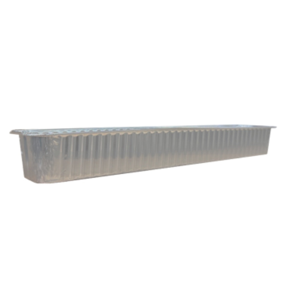 Aluminum grease tray liner, rectangular trough shape with ridged sides