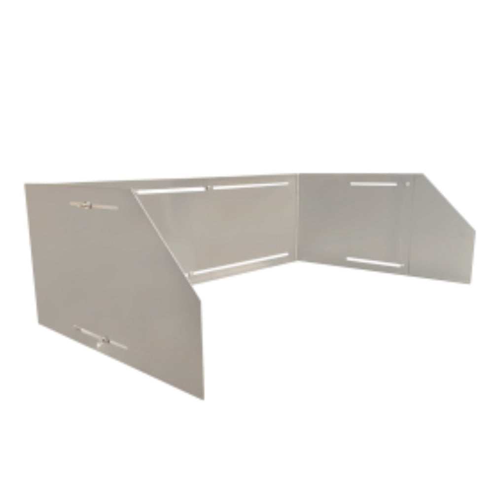 Universal wind guard for griddle with angled metal side panels and center opening