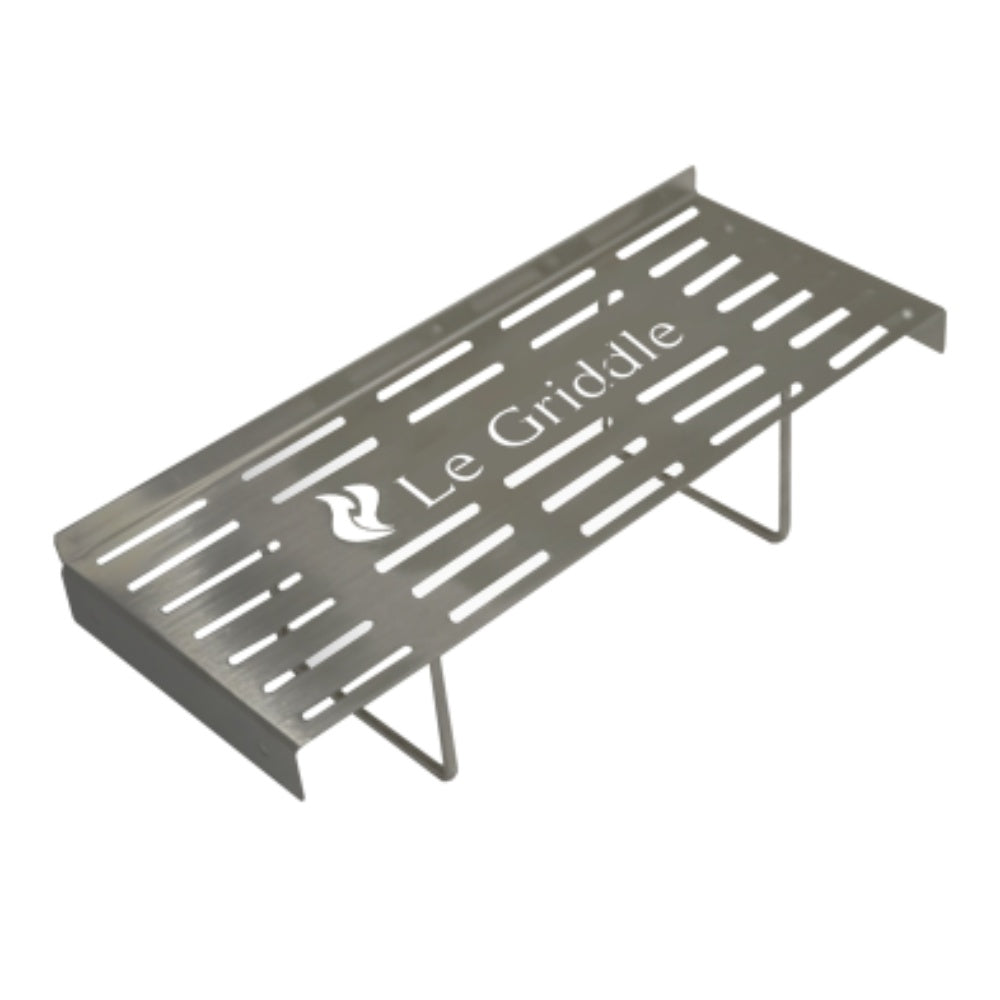 Le Griddle 13-inch warming rack topper with slotted steel grate and folding legs