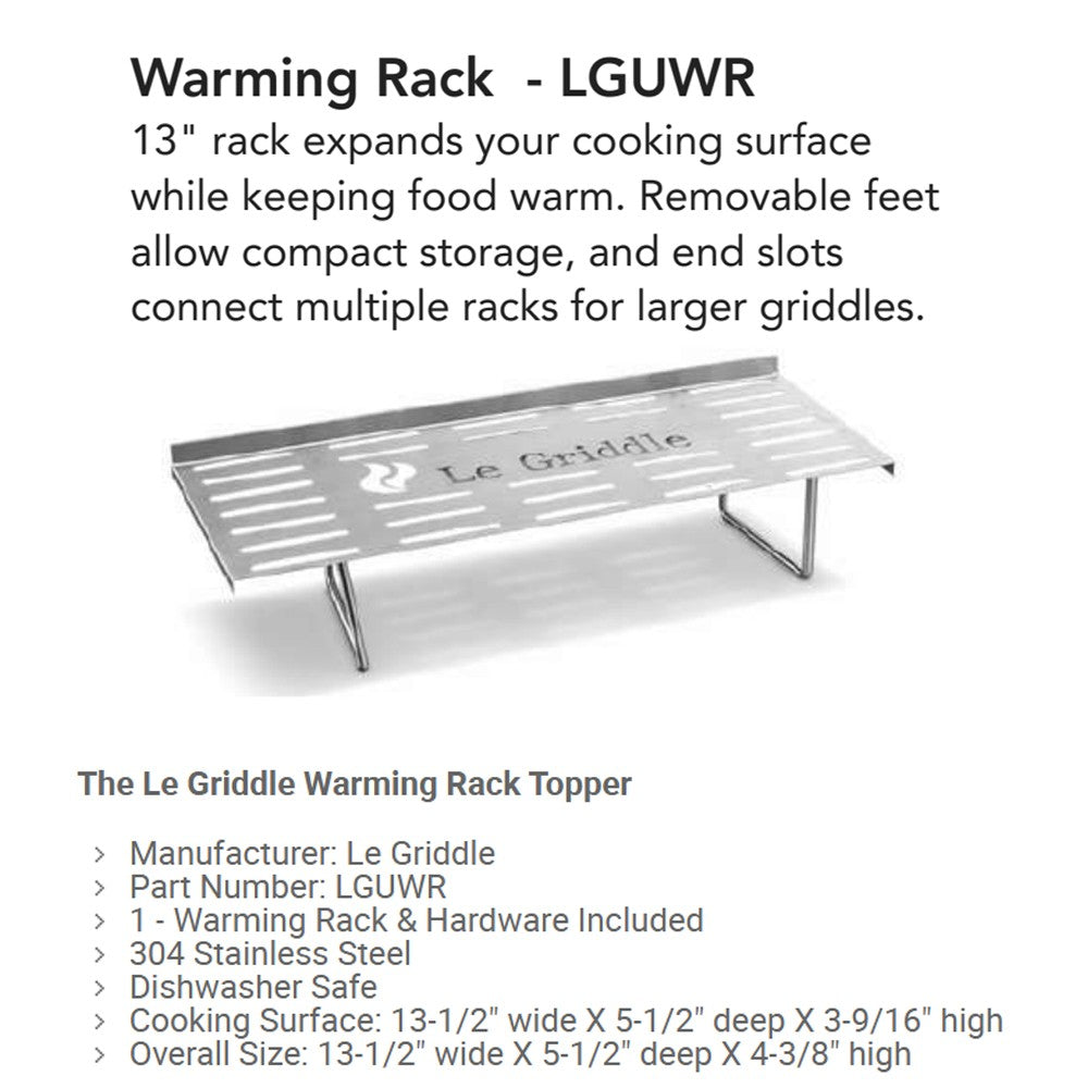Le Griddle 13-inch warming rack with removable feet, slatted surface, and support legs