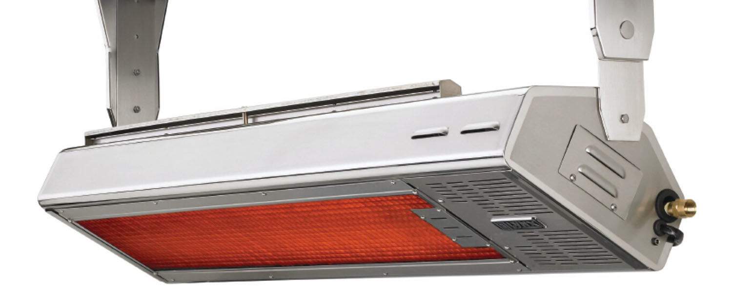 Lynx eave-mounted heater with red radiant panel and side vents