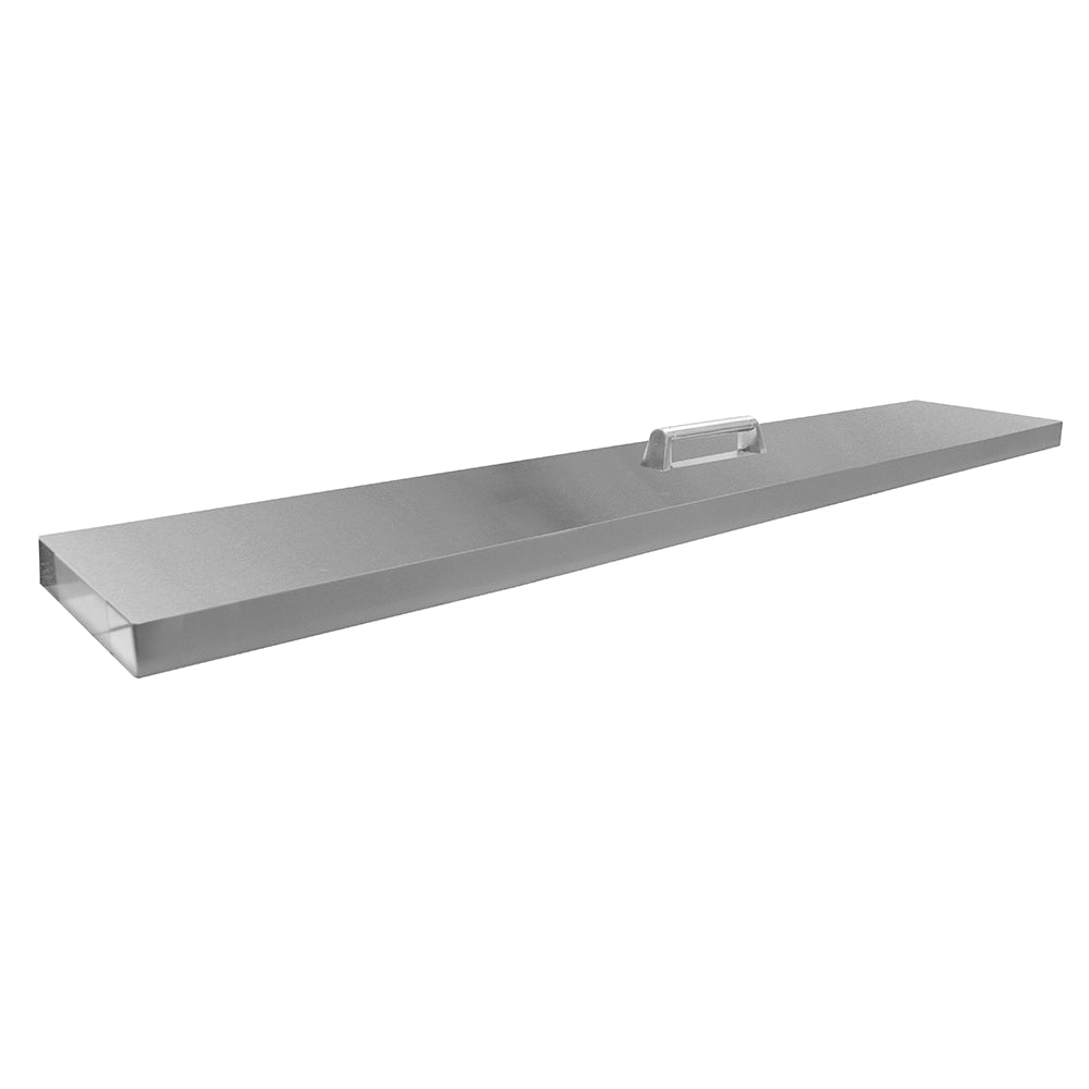 Linear stainless steel burner cover with brushed finish, T-shaped burner opening