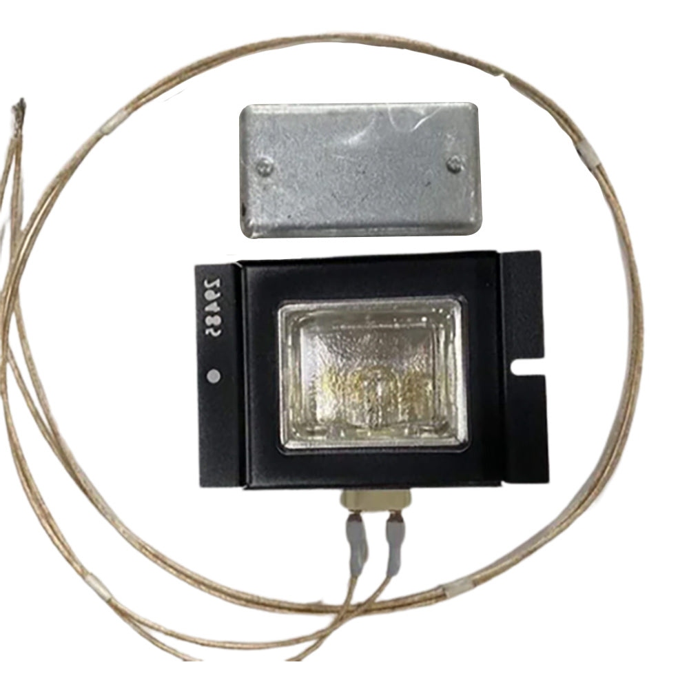 Lighting kit with black rectangular fixture, clear glass lens, wires, and metal mounting plate