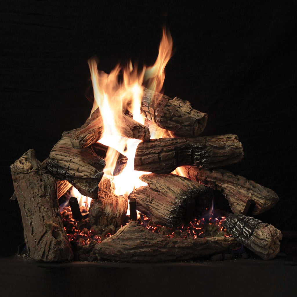 Ceramic fiber fireplace gas log set with glowing embers and tall flames