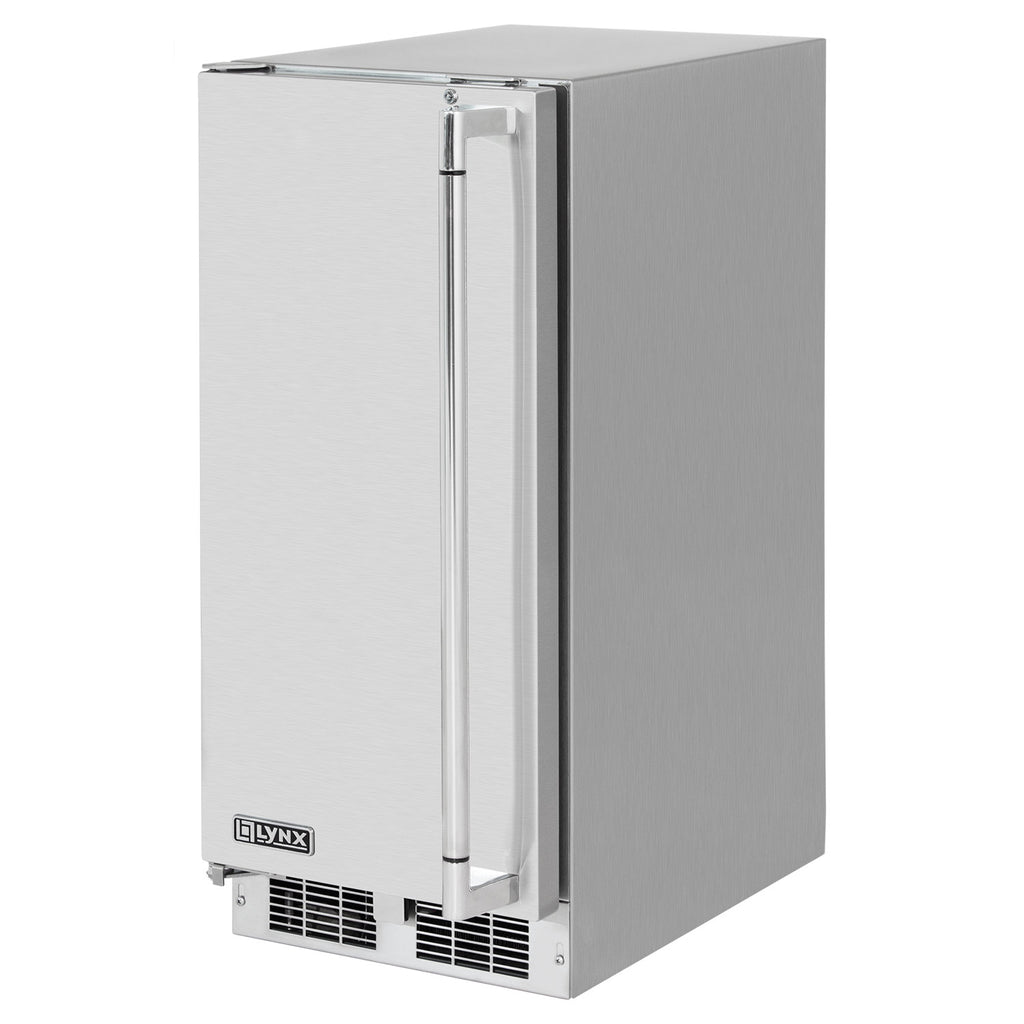 Outdoor refrigerator in stainless steel with door hinge visible and front vent grilles