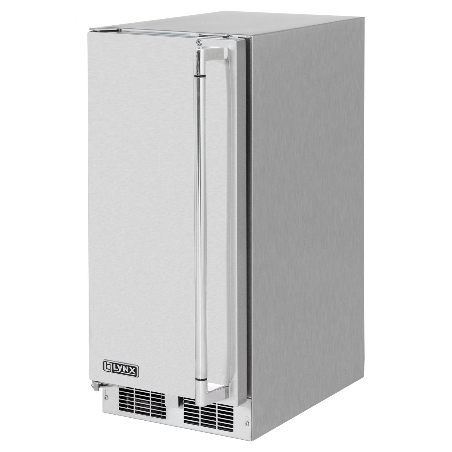 Outdoor refrigerator in stainless steel with door hinge visible and front vent grilles