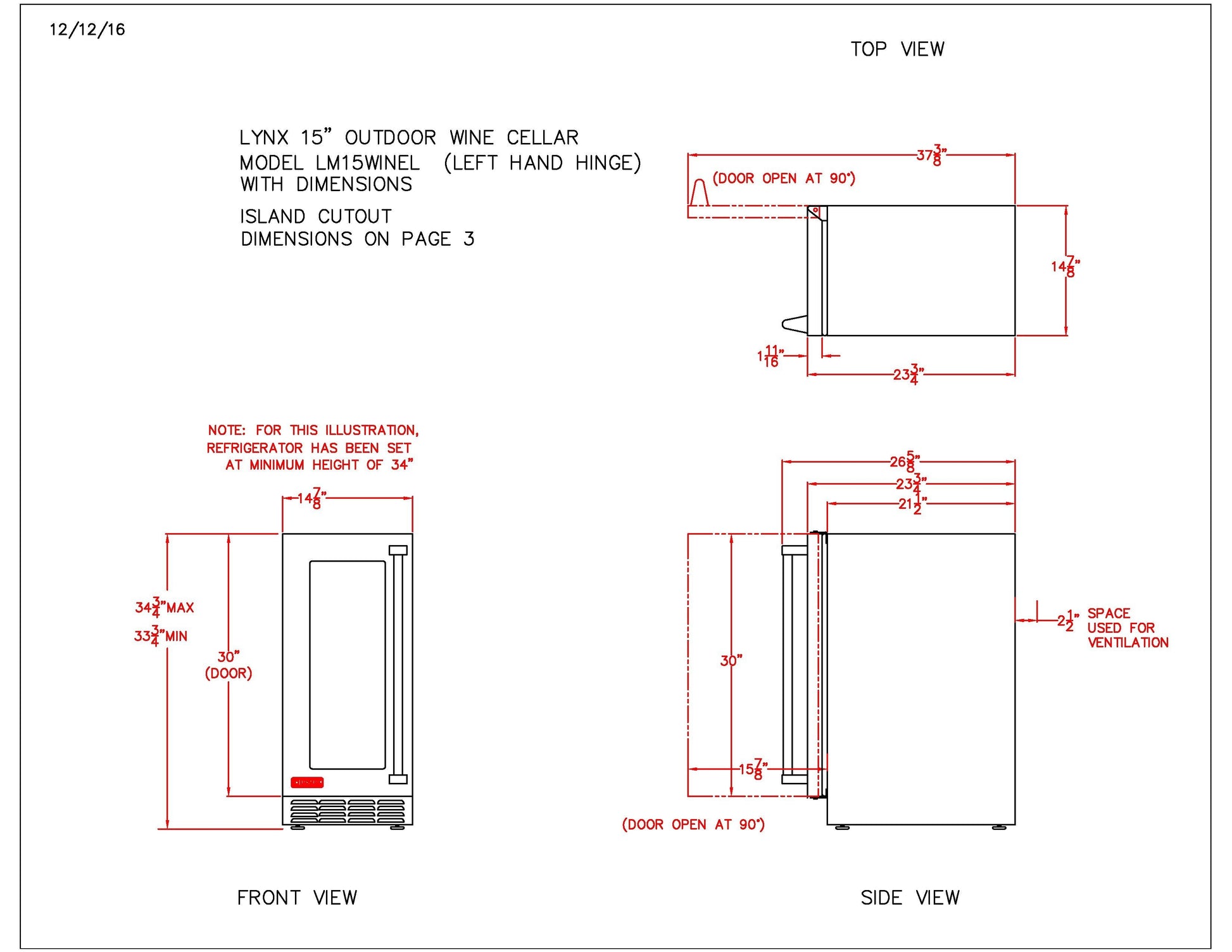 Dimension diagram for 15-inch outdoor wine cellar, left-hinged door and side view.