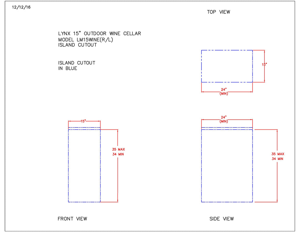 Cutout and clearance dimension diagram for 15-inch outdoor wine cellar, front and side.